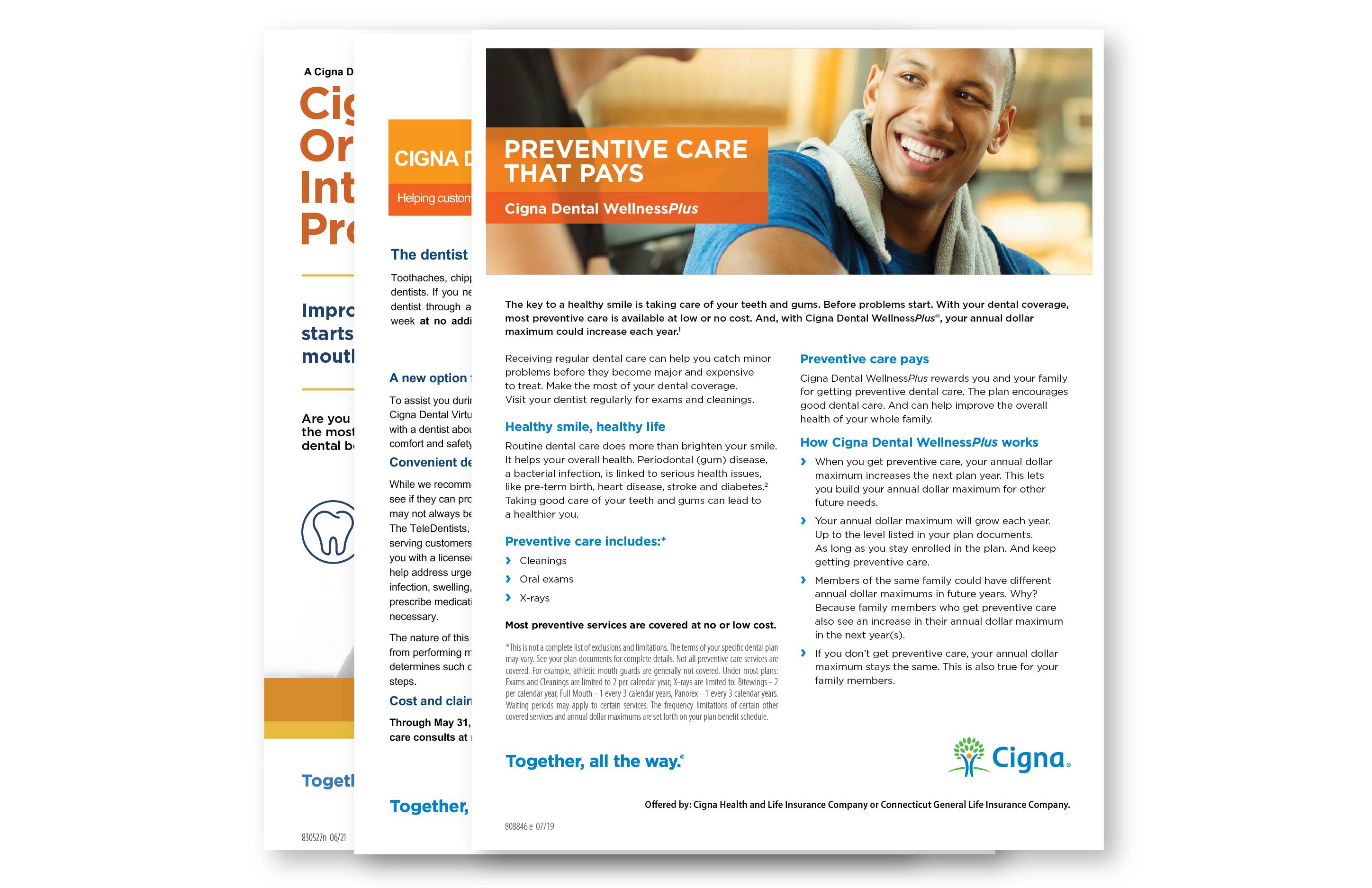 stack of flyers displaying various cost-saving programs for members of our dental plan